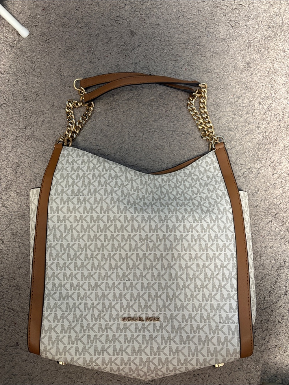 Michael Kors White MK Logo Shoulder Hobo with Brown Trim & Gold Chain - Picture 1 of 3